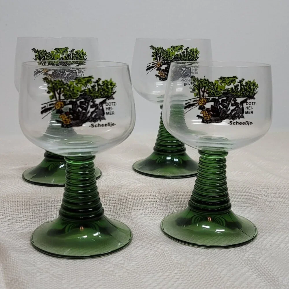 Vintage Volksmarch‎ Wine Glass DotzHeimer Scheessje, Green Stem Wine Glass 1990